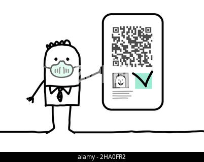 Handgezeichneter Cartoon-Arzt mit Maske, der einen gültigen QR-Code zeigt Stock Vektor