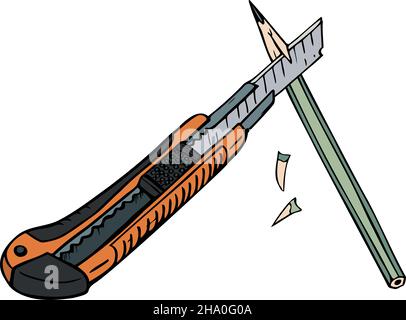 Vektordarstellung von Schreibwarenmesser und Bleistift. Isoliert auf weißem Hintergrund. Stock Vektor