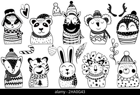 Schwarz und weiß Niedliche Weihnachtstiere: fuchs, Tiger, Pinguin, Kaninchen, Bär, koala, Zebra, Löwe und andere. Gemütliches Zeichentrickset. Konzept Weihnachten und Neujahr. Vektorgrafik Stock Vektor
