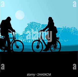 Silhouette von zwei Radfahrern in entgegengesetzten Richtungen durch eine mondbeleuchtete Landschaft mit blauen Farben Stock Vektor