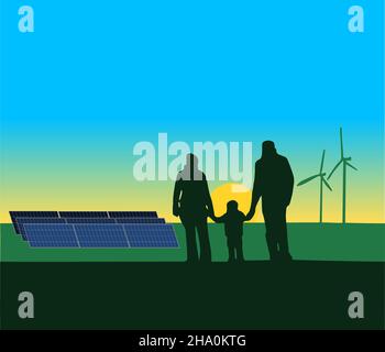 Silhouette einer Familie mit Blick auf eine Landschaft aus Sonnenkollektoren und Windmühlen mit untergehenden Sonnenstrahlen. Erneuerbare Energiequellen Stock Vektor