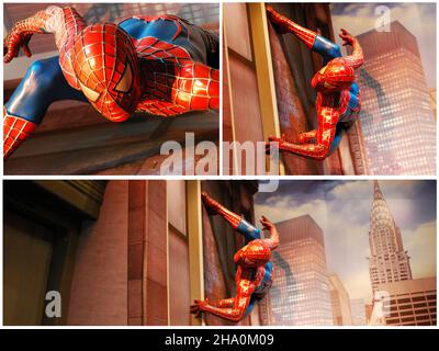 Amsterdam - Niederlande - 8. August 2018: Collage der erstaunlichen Spider-man lebensgroßen Statue. Madame Tussauds Museum. Amsterdam. Stockfoto