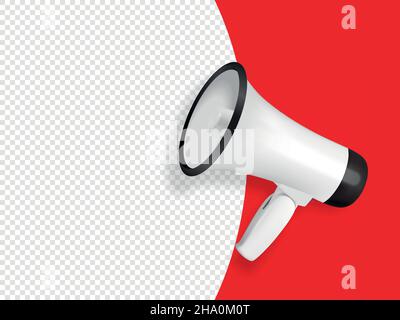 Vektorverkauf, Ankündigung, Hot News Banner Design-Vorlage mit 3D realistischem weißen Megaphon und Sprechblase auf rotem Hintergrund. Einkaufen, Rabatt Stock Vektor