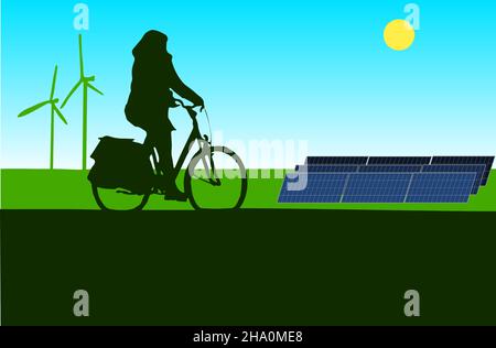 Silhouette einer Frau auf dem Fahrrad durch eine Landschaft mit Sonnenkollektoren und Windmühlen Stock Vektor