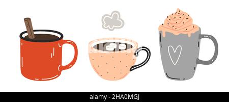 Drei Tassen wärmende Getränke. Satz von flachen Vektorgrafiken Stock Vektor