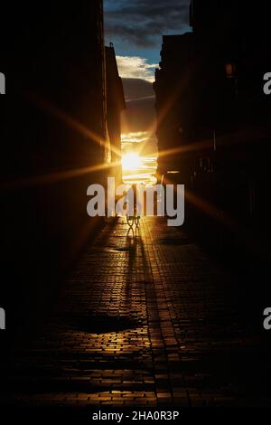 Die Silhouette eines Radfahrers, der gegen das Licht skizziert ist, geht eine gepflasterte Straße entlang, die von der untergehenden Sonne beleuchtet wird. Vertikale Fotografie. Speicherplatz kopieren Stockfoto