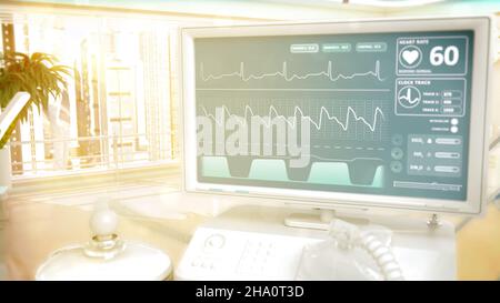 Intensivstation im hellen, sonnigen Krankenhauszimmer. Industrielles 3D Rendering Stockfoto