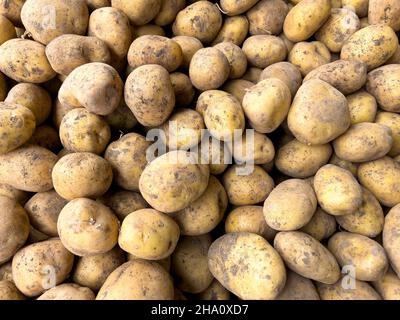 Kartoffeln auf der Theke auf dem Markt gestapelt Stockfoto