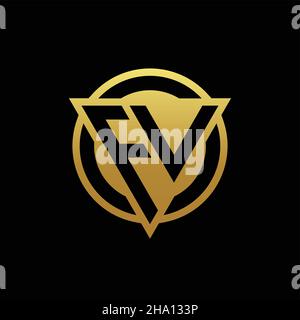 FV-Logo-Monogramm mit Dreieck-Form und Kreis abgerundeten Stil isoliert auf Goldfarben und schwarzem Hintergrund Design-Vorlage Stock Vektor