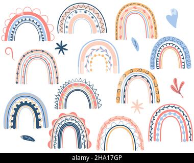 Set Regenbogen in Pastellfarben. Boho Rainbows perfekt für Kinder, Poster, Taschen, Postkarten, T-Shirts, Drucke und vieles mehr. Niedliche Vektorsymbole. Stock Vektor
