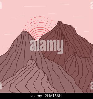 Abstrakt minimalistische Landschaft mit Bergen und sich versinkende Sonne. Boho Wand ästhetischen Hintergrund. Flache abstrakte Vektorgrafik Stock Vektor