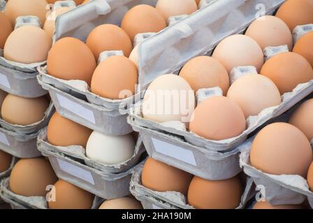 Frische Eier in gestapelten Kartons Stockfoto