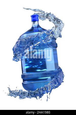 Große Flasche Wasser im Wasser spritzt isoliert auf weißem Hintergrund. 3D Rendern. Stockfoto