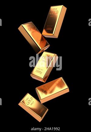 Fallende Goldbarren auf schwarzem Hintergrund, 3D Rendering. Stockfoto
