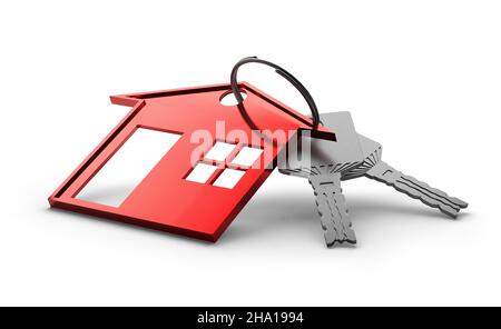 Schlüssel mit rotem Hausschlüsselring isoliert auf weißem Hintergrund.3D Rendering. Stockfoto