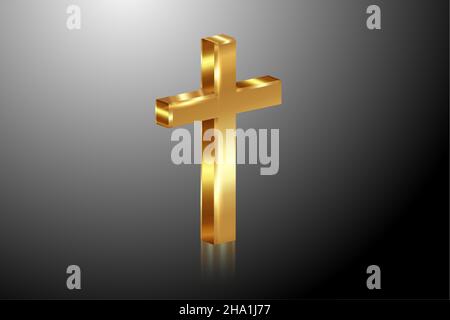 3D Goldenes Lichtkreuz, glänzendes Kreuz mit goldener Folienstruktur, Symbol des christentums. Symbol der Hoffnung und des Glaubens. Vektorgrafik isoliert auf Schwarz Stock Vektor