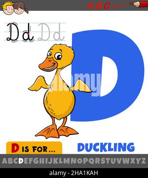 Pädagogische Karikatur Illustration des Buchstaben D aus Alphabet mit Entchen Tier Charakter Stock Vektor