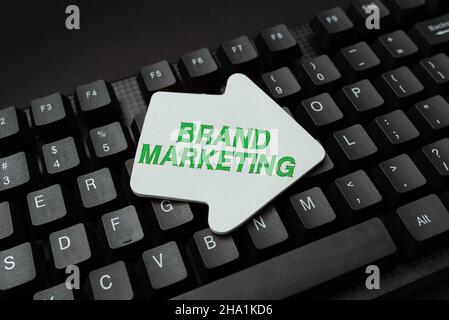 Schreiben mit Text Markenmarketing. Unternehmensübersicht Sensibilisierung für Produkte auf der ganzen Welt durch Eingabe neuer Programmiercodes, Eingabe Stockfoto