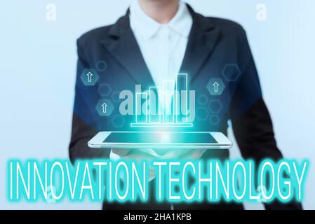 Schreiben mit Text Innovation Technology. Business Showcase Neue Idee oder Methode der technischen oder wissenschaftlichen Natur Frau im Anzug stehend mit Stockfoto