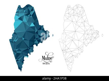 Low-Poly-Karte des Staates Maine (USA). Polygonale Vektorgrafik auf weißem Hintergrund. Territory der Staaten von Amerika. Stock Vektor