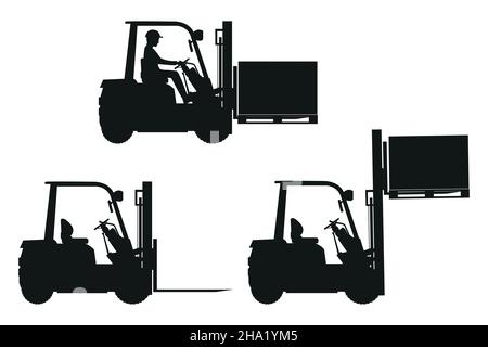 Satz von Silhouetten von schweren Gabelstaplermaschinen, die verschiedene Funktionen ausführen. Stock Vektor