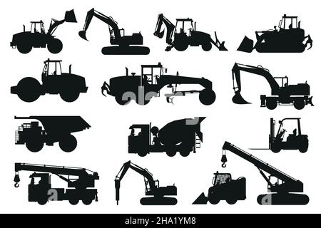 Set von schweren Maschinen Silhouetten von Betonmischer LKW, Bagger und Bulldozer für den Bau und Minen Stock Vektor