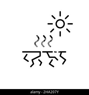 Dürrekatastrophe. Gerissene Erde und Sonne, die Hitzewellen aussenden. Pixel Perfect, bearbeitbares Kontursymbol Stock Vektor
