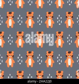 Cartoon-Tiger. Nahtloses Muster. Skandinavischer Stil. Stock Vektor