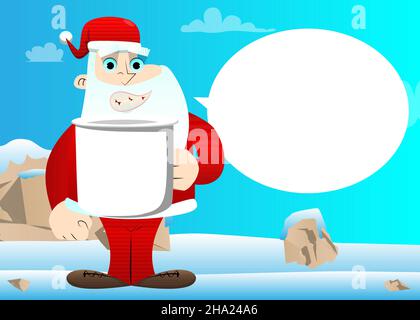 Der Weihnachtsmann in seinen roten Kleidern mit weißem Bart und großem Becher. Vektor Cartoon Figur Illustration. Stock Vektor