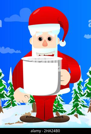 Der Weihnachtsmann in seinen roten Kleidern mit weißem Bart und großem Becher. Vektor Cartoon Figur Illustration. Stock Vektor