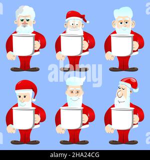 Der Weihnachtsmann in seinen roten Kleidern mit weißem Bart und großem Becher. Vektor Cartoon Figur Illustration. Stock Vektor