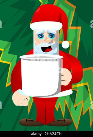 Der Weihnachtsmann in seinen roten Kleidern mit weißem Bart und großem Becher. Vektor Cartoon Figur Illustration. Stock Vektor