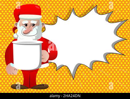 Der Weihnachtsmann in seinen roten Kleidern mit weißem Bart und großem Becher. Vektor Cartoon Figur Illustration. Stock Vektor