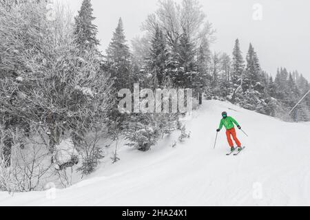 Skifahren Im Winter. Alpiner Skifahrer Skifahren auf schneebedeckten Bergpisten im Winter an perfekten Pulverschneetag, während Sie die Natur genießen Stockfoto