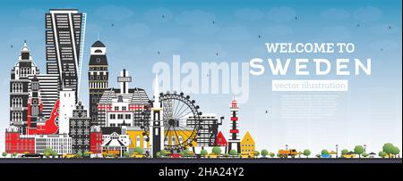 Willkommen in Schweden. Skyline der Stadt mit grauen Gebäuden und blauem Himmel. Vektorgrafik. Konzept mit historischer Architektur. Stadtbild Schwedens. Stock Vektor