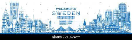 Willkommen in Schweden. Umreißen Sie die Skyline der Stadt mit blauen Gebäuden. Vektorgrafik. Konzept mit historischer Architektur. Schweden Stadtbild mit Wahrzeichen. Stock Vektor