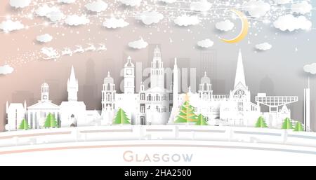 Glasgow Scotland City Skyline im Paper Cut Style mit Schneeflocken, Mond und Neon Girlande. Vektorgrafik. Weihnachts- und Neujahrskonzept. Stock Vektor