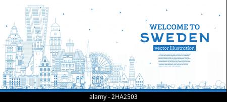 Willkommen in Schweden. Umreißen Sie die Skyline der Stadt mit blauen Gebäuden. Vektorgrafik. Konzept mit historischer Architektur. Schweden Stadtbild mit Wahrzeichen. Stock Vektor