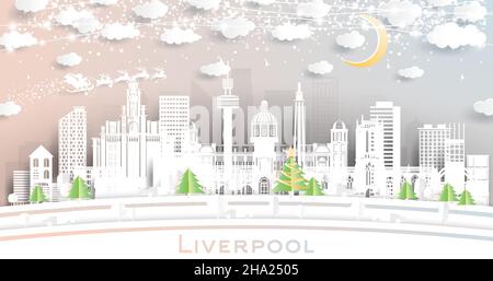 Liverpool City Skyline in Paper Cut Style mit Schneeflocken, Mond und Neon Garland. Vektorgrafik. Weihnachts- und Neujahrskonzept. Stock Vektor