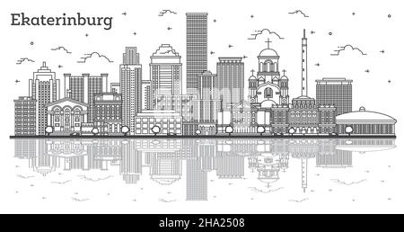 Skizzieren Sie Jekaterinburg Russland City Skyline mit modernen Gebäuden und Reflektionen isoliert auf Weiß. Vektorgrafik. Stadtbild Von Jekaterinburg. Stock Vektor