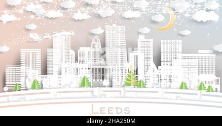 Leeds UK City Skyline in Paper Cut Style mit Schneeflocken, Moon und Neon Garland. Vektorgrafik. Weihnachts- und Neujahrskonzept. Stock Vektor