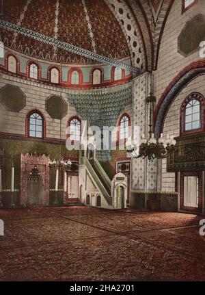 Vintage Polychrom Farbdruck des Innenraums der Gazi Husrev-Beg Moschee in Sarajevo, Bosnien und Herzegowina, ca. 1890 Stockfoto