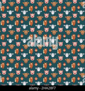 Nahtlose Muster Pixel Art Bauernhof Tiere Stock Vektor