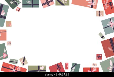 Vector rechteckigen Feiertagsrahmen mit hygge Geschenkboxen mit Bändern und Ästen Dekorationen. Karte mit Geschenken in Pastellfarben und Stielen mit Folia Stock Vektor