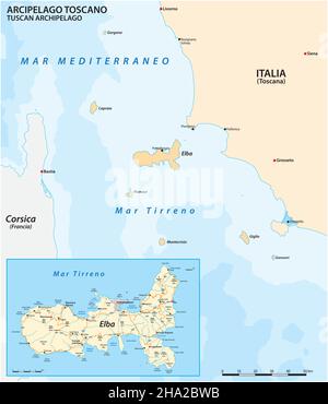 Karte der Insel Elba und des Toskanischen Archipels, Italien Stock Vektor