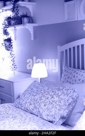 Set von verschiedenen Kissen mit verschiedenen natürlichen Ornamenten und Farben auf dem Bett in modernen Wohnung angeordnet Stockfoto