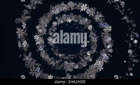 Animation von Weihnachtsspiralbaum. Animation. Spiralender Weihnachtsbaum mit Spielzeug. Stockfoto