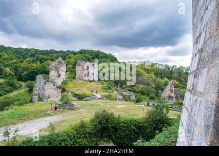 Les Andelys (Nordfrankreich): Überblick über die befestigte Burg „Chateau Gaillard“ im Sinetal. Ruinen der mittelalterlichen Festung auf Chalky gebaut Stockfoto