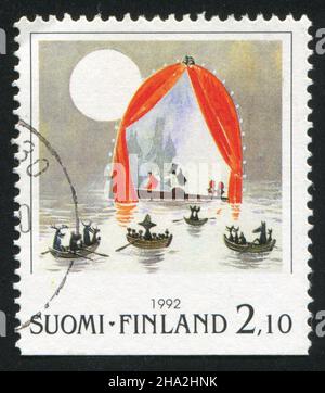 FINNLAND - UM 1992: Stempel gedruckt von Finnland, zeigt Mumin-Figuren in Booten, um 1992 Stockfoto