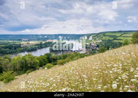 Les Andelys (Nordfrankreich): Panoramablick auf die Stadt von der Spitze des befestigten Schlosses „Chateau Gaillard“. Überblick über das Dorf und die sei Stockfoto